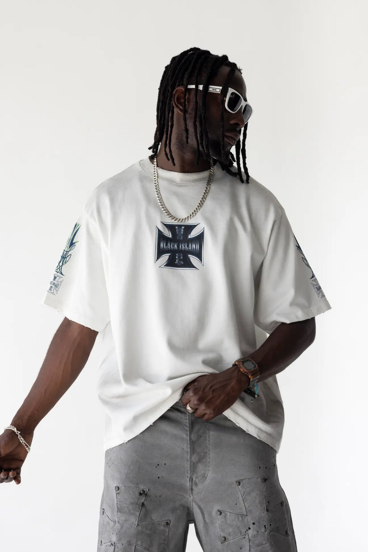 BLACK ISLAND T-Shirt In Cotone Stampa Croce Fronte e Retro Bianco Stone Wash