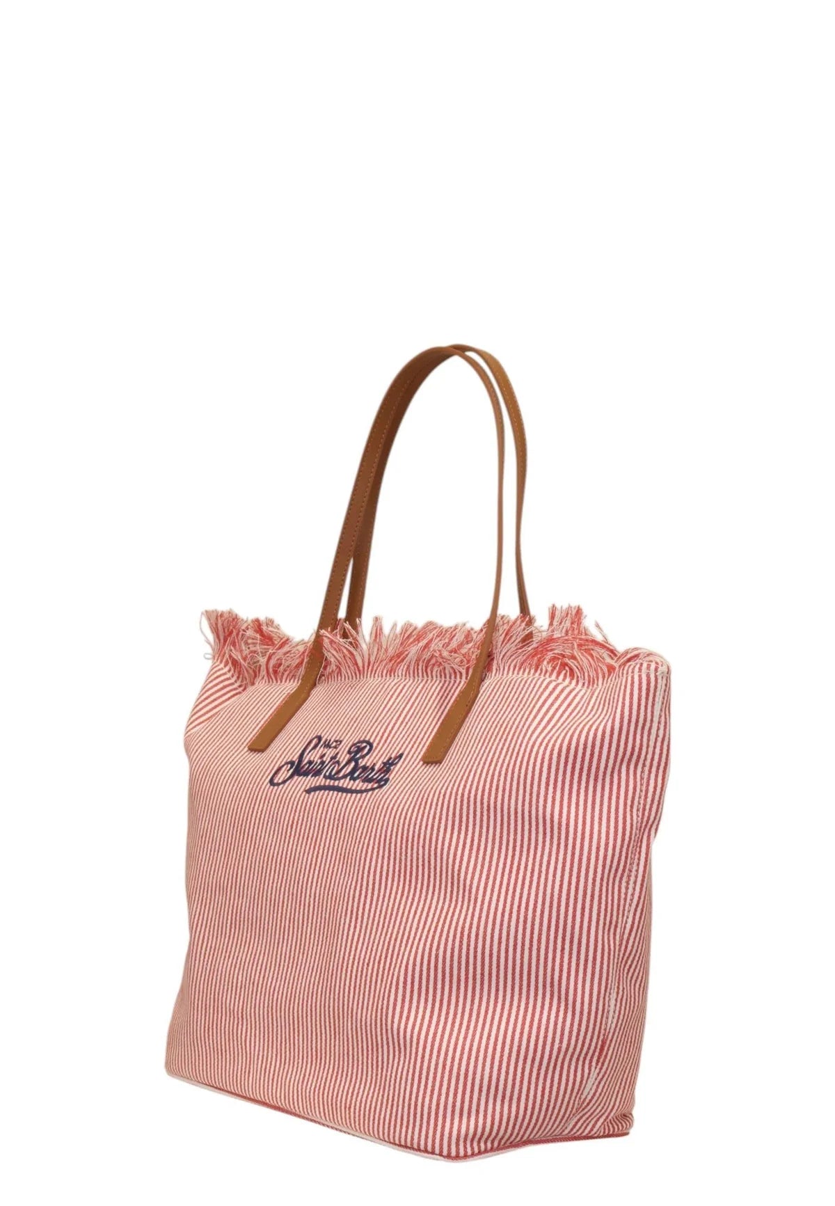 Saint Barth SAINT BARTH Borsa City Regular in canvas Micro Stripes con chiusura a zip e frange Bianca/Rosa - foto 2 - To