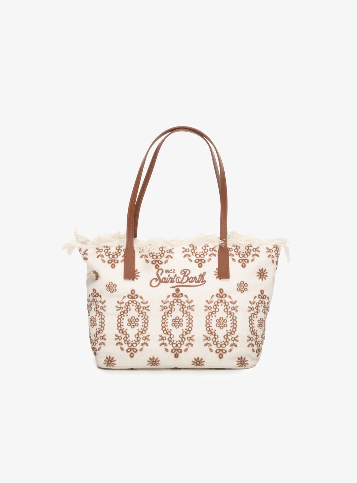SAINT BARTH Borsa City regular in Sangallo con Frange Panna Dettagli e Logo Ricamati Marrone
