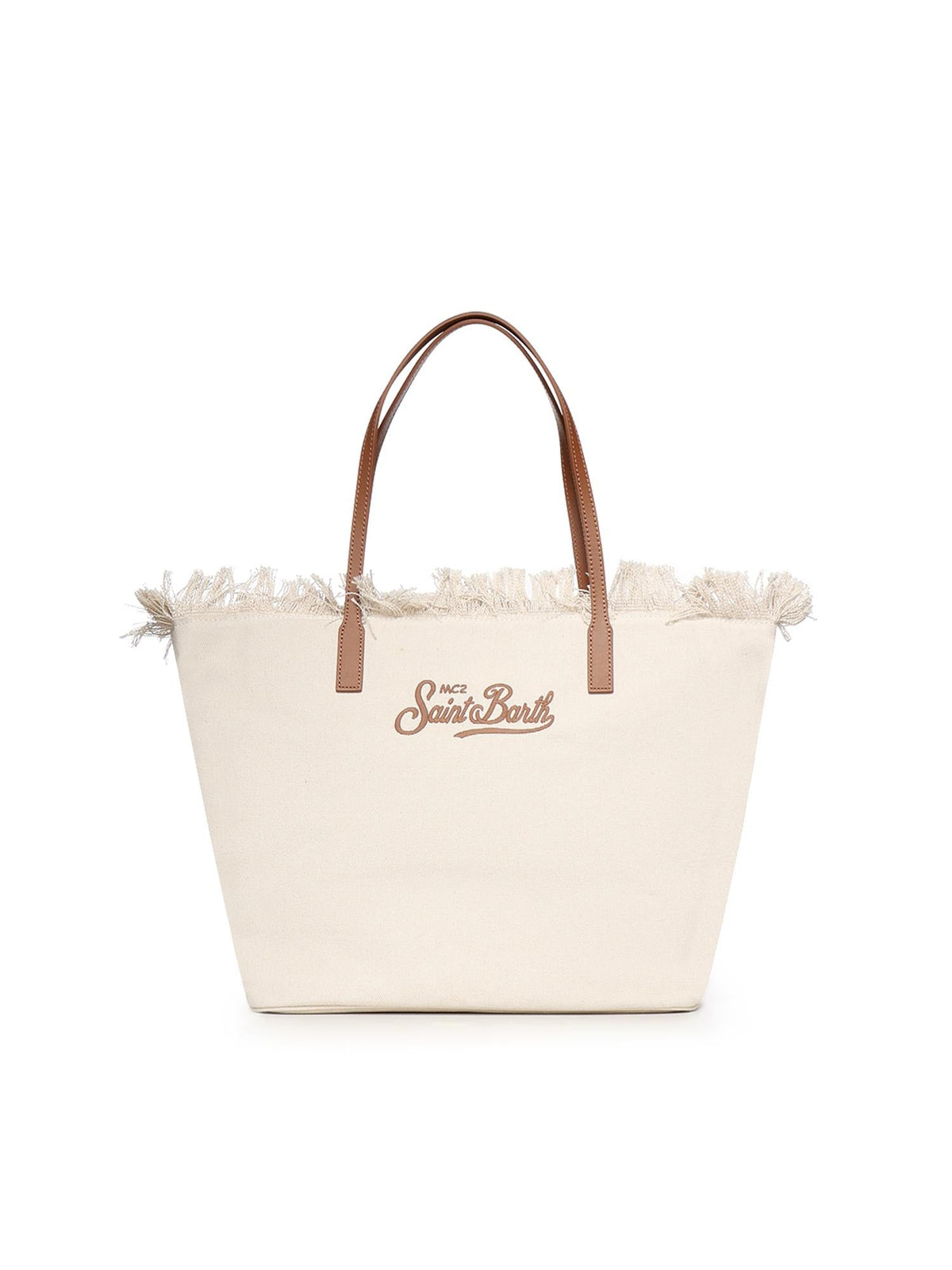 Saint Barth SAINT BARTH BORSA CITY REGULAR IN CANVAS PANNA CON FRANGE Logo Ricamato Marrone Beige - Borsa - Tommaseo Clo