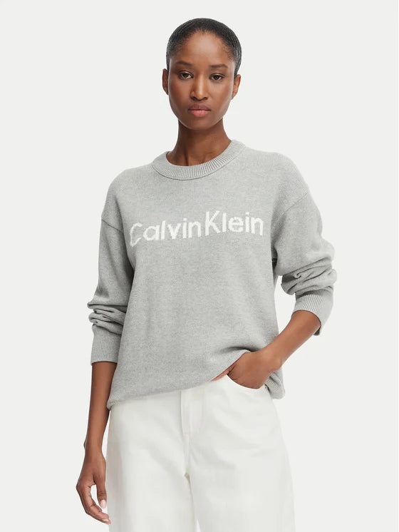 CALVIN KLEIN Maglioncino Donna In Cotone Con Scritta Frontale Grigio FW