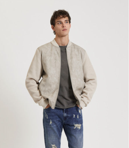 GIANNI LUPO GIACCA BOMBER IN ECOPELLE CON MANICHE A COSTA INGLESE BEIGE
