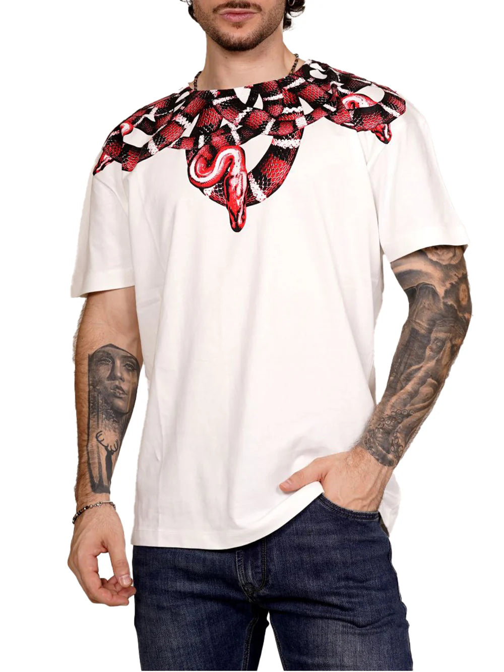 MARCELO BURLON COUNTY OF MILAN T-Shirt Con Stampa Serpente Bianca/Ross