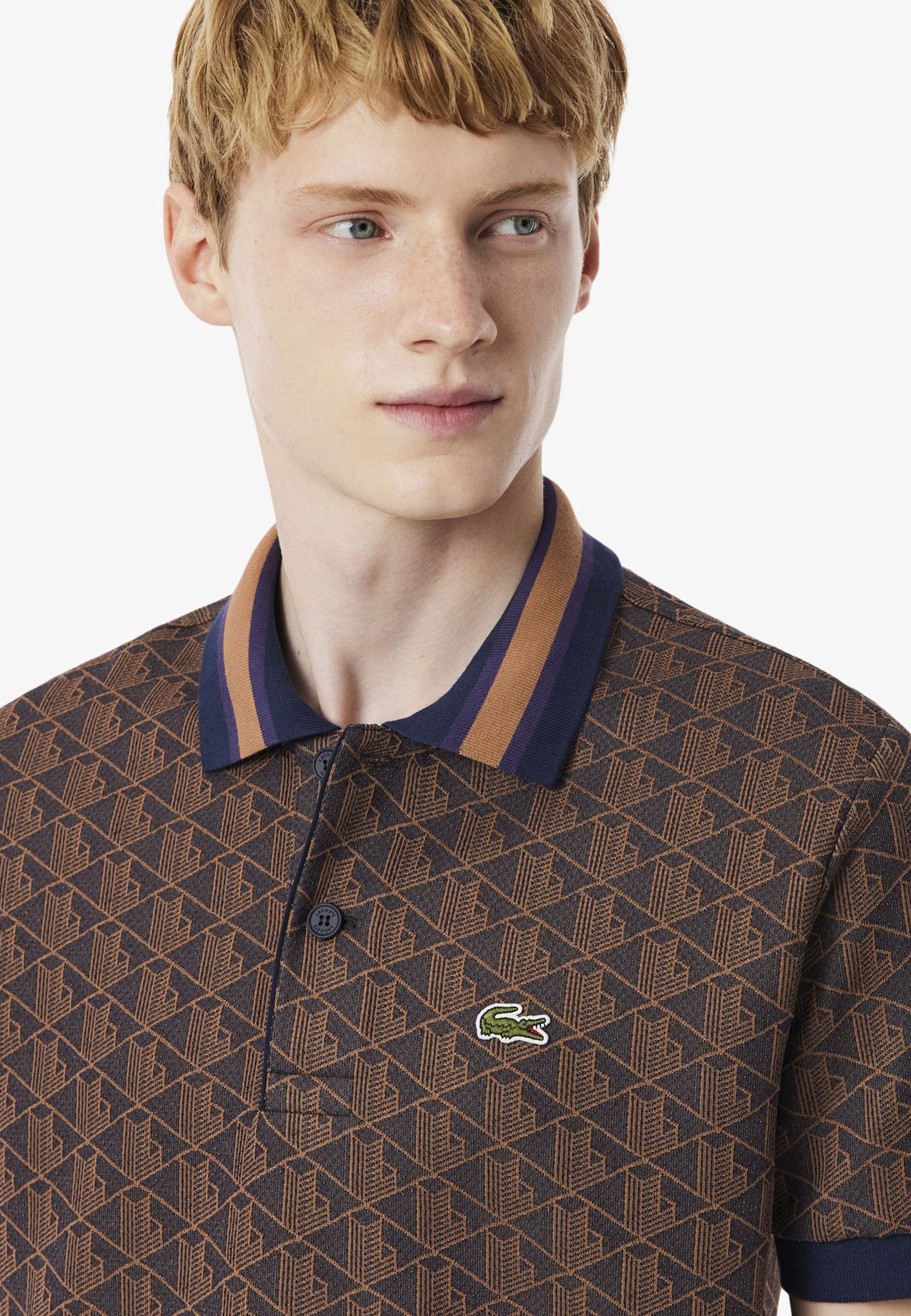 LACOSTE Polo Linea Monogram in Tessuto Jacquard Moro e Blu