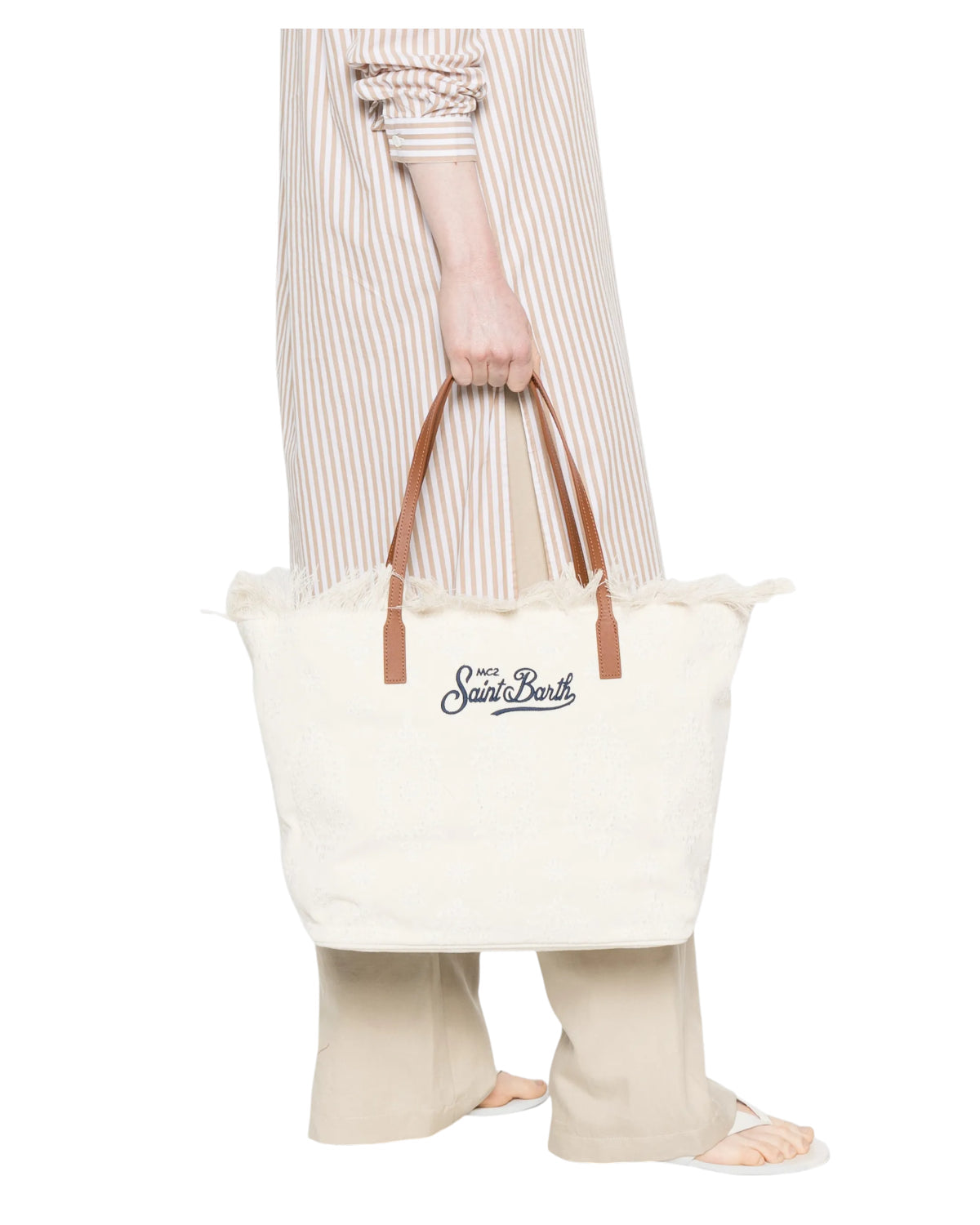 Saint Barth SAINT BARTH Borsa City regular in Sangallo con Frange Bianca Logo Ricamato Blu - foto 2 - Tommaseo Clothing