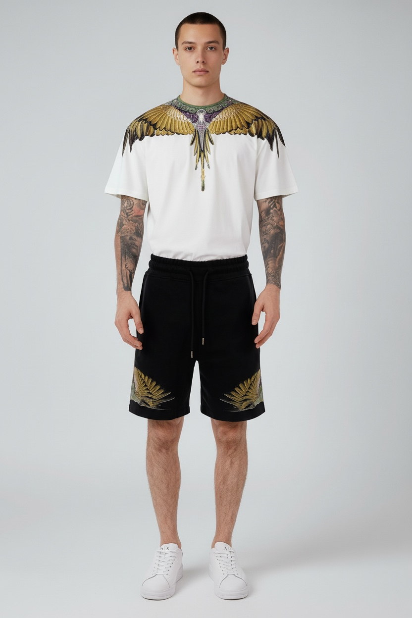 County of milan COUNTY OF MILAN Completino Marcelo Burlon T-Shirt Bianca e Pantaloncino Nero Ali Verde - COMPLETINO - To