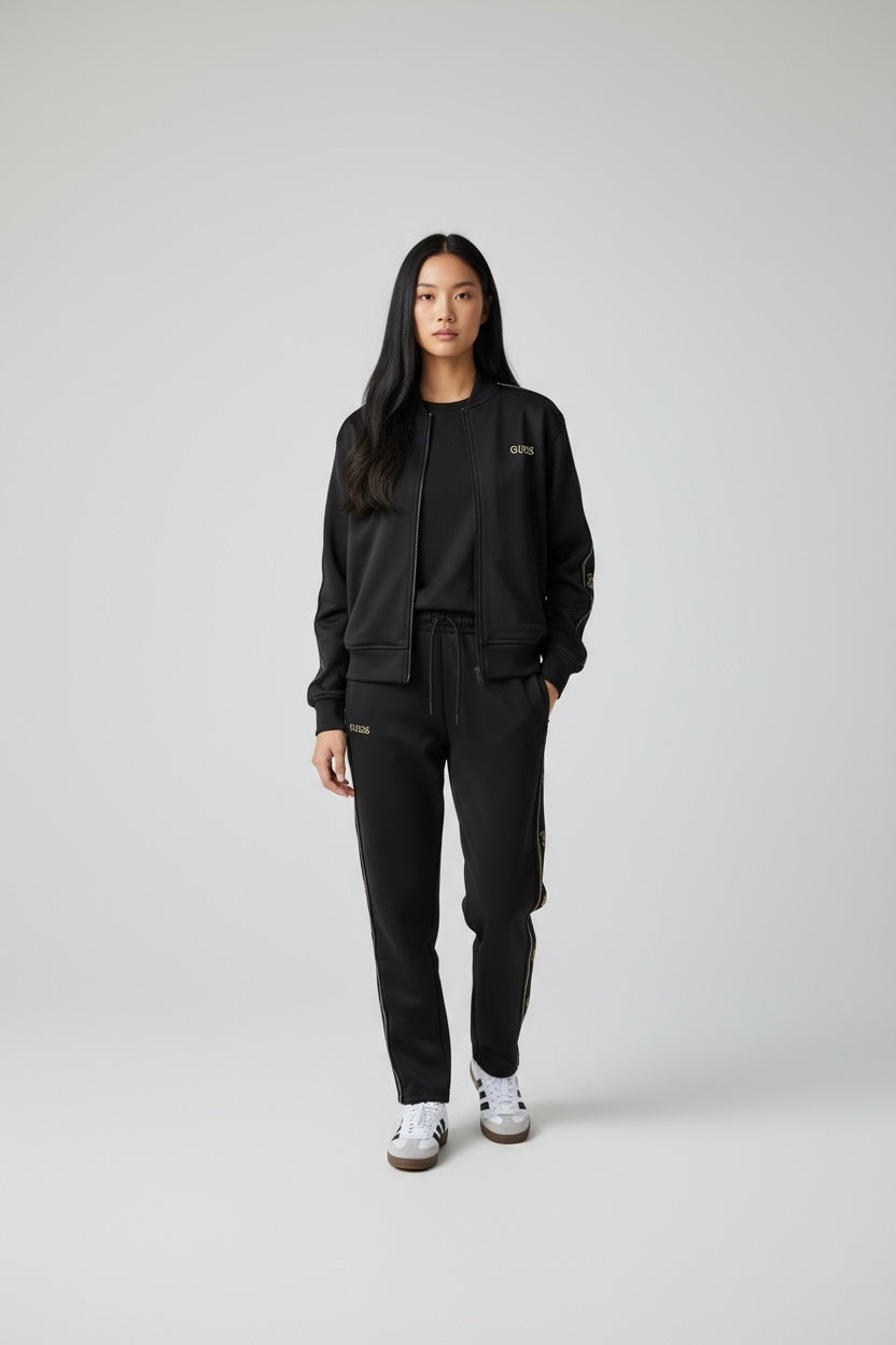 GUESS Tuta Donna In Cotone Con Bande Logo Brillantinati Felpa Con Zip Nera