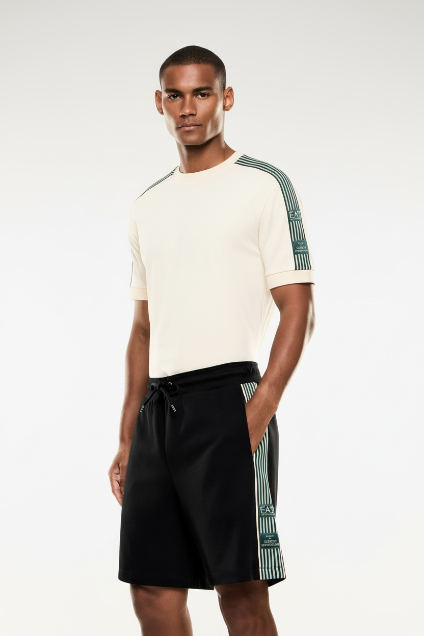 Armani EMPORIO ARMANI Completino T-Shirt Beige Pantaloncino Nero Con Bande Laterali Verdi - foto 2 - Tommaseo Clothing