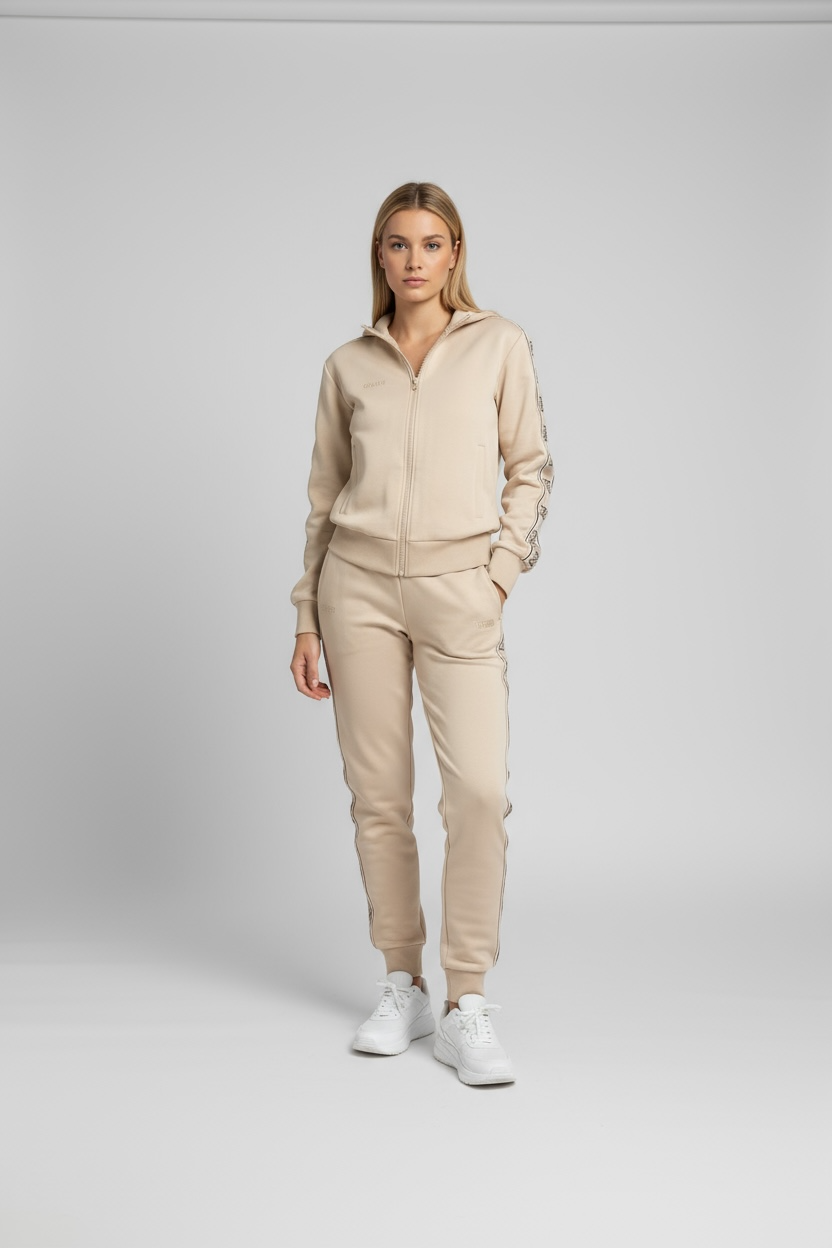 GUESS Tuta Donna In Cotone Con Bande Felpa Con Zip e Pantalone Beige