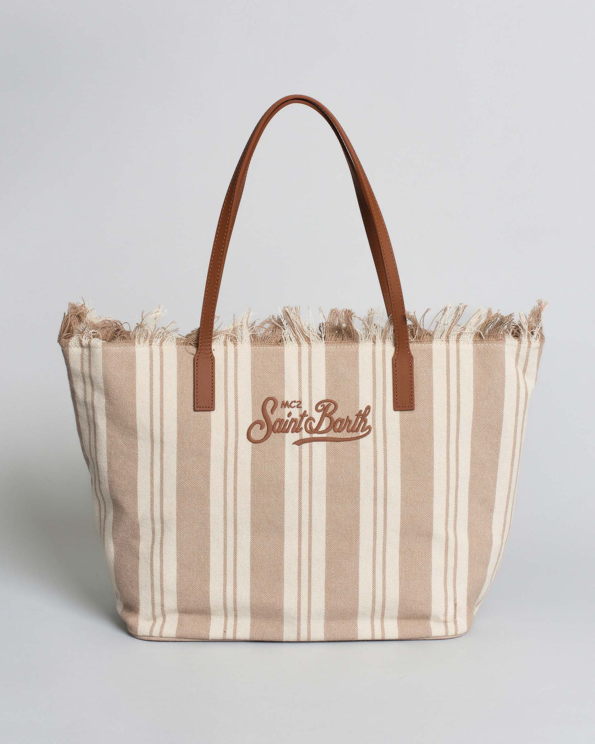 Saint Barth SAINT BARTH Borsa City Medium in canvas a righe Beige/Bianche con chiusura a zip e frange - Borsa - Tommaseo