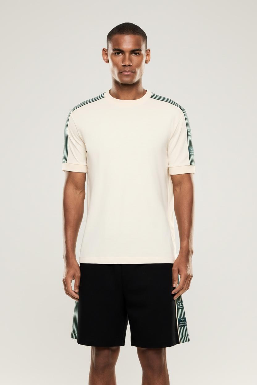 Armani EMPORIO ARMANI Completino T-Shirt Beige Pantaloncino Nero Con Bande Laterali Verdi - COMPLETINO - Tommaseo Clothi