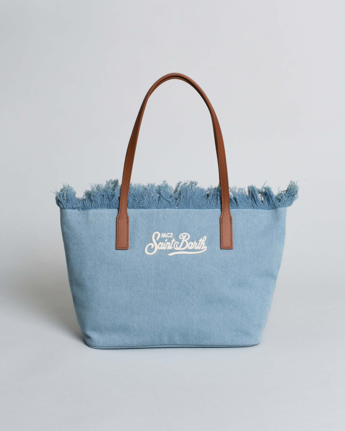 Saint Barth SAINT BARTH Borsa City Medium in cotone effetto denim blu chiaro con chiusura a zip e frange - Borsa - Tomma