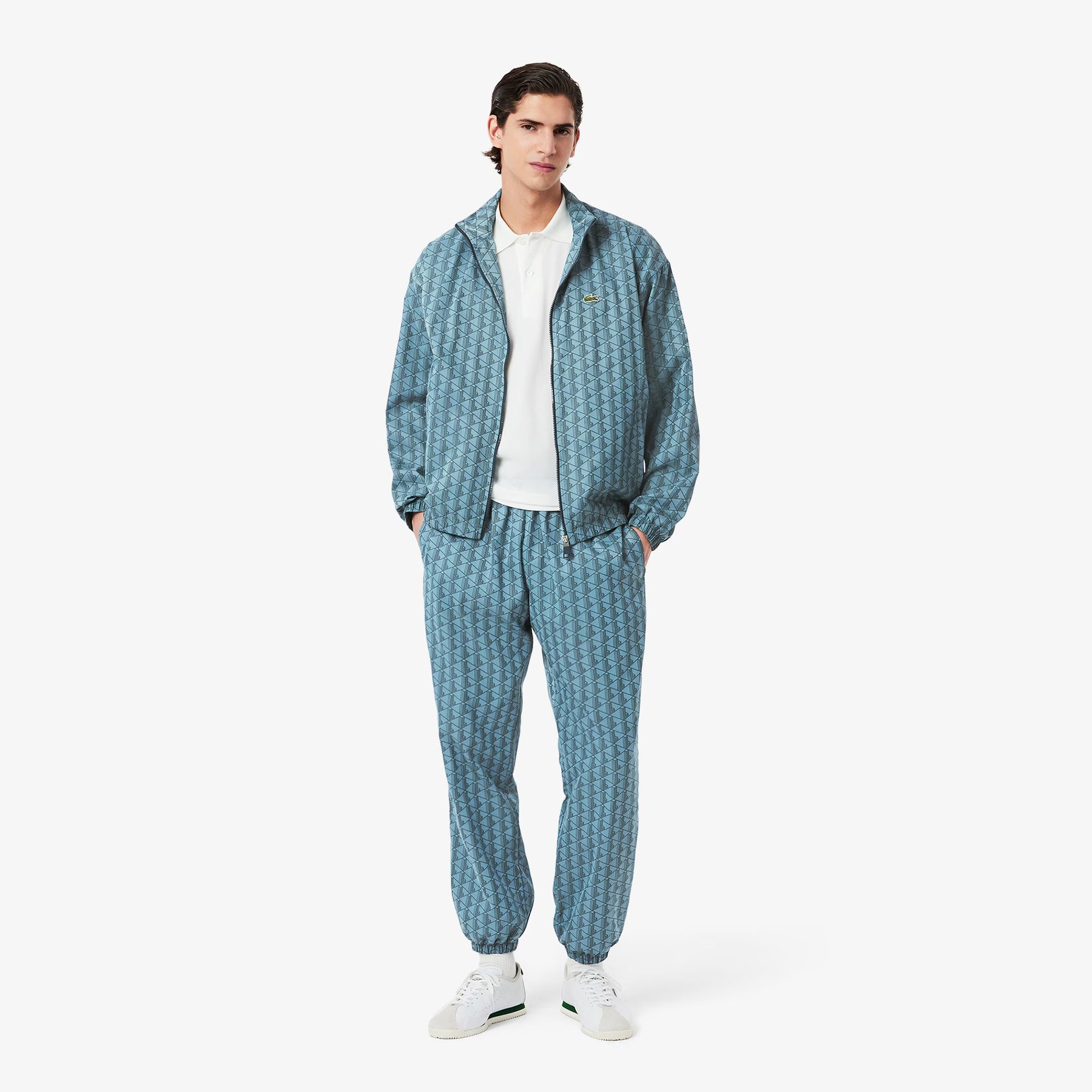 LACOSTE Tuta Monogram In Microfibra Con Zip Azzurra