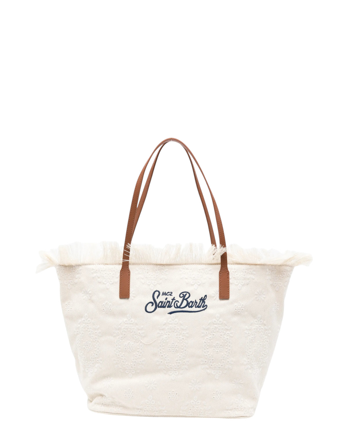 Saint Barth SAINT BARTH Borsa City regular in Sangallo con Frange Bianca Logo Ricamato Blu - Borsa - Tommaseo Clothing