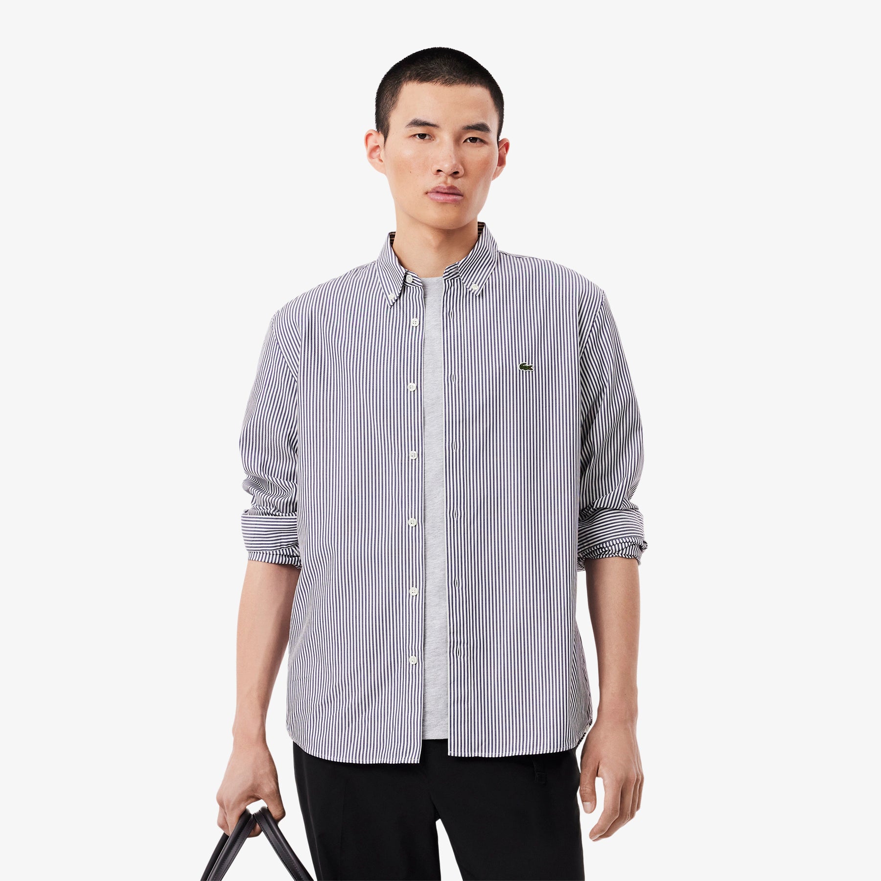 LACOSTE Camicia a Righe Regular Fit in Cotone Bianco/Blu Navy