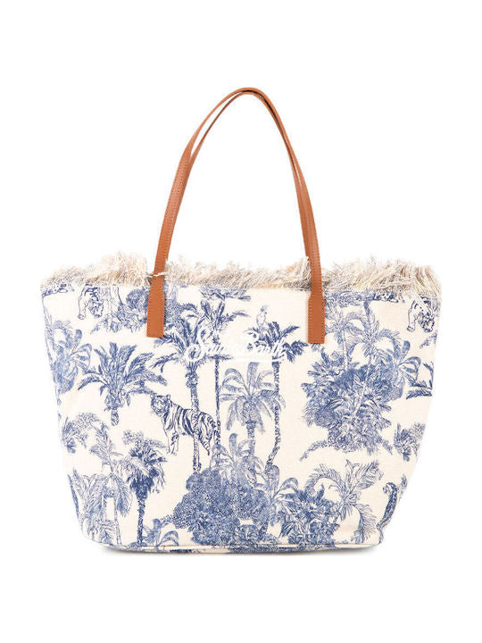 Saint Barth Saint Barth Borsa City Regular IN Canvas Beige Dettagli Blu Con Frange - Borsa - Tommaseo Clothing