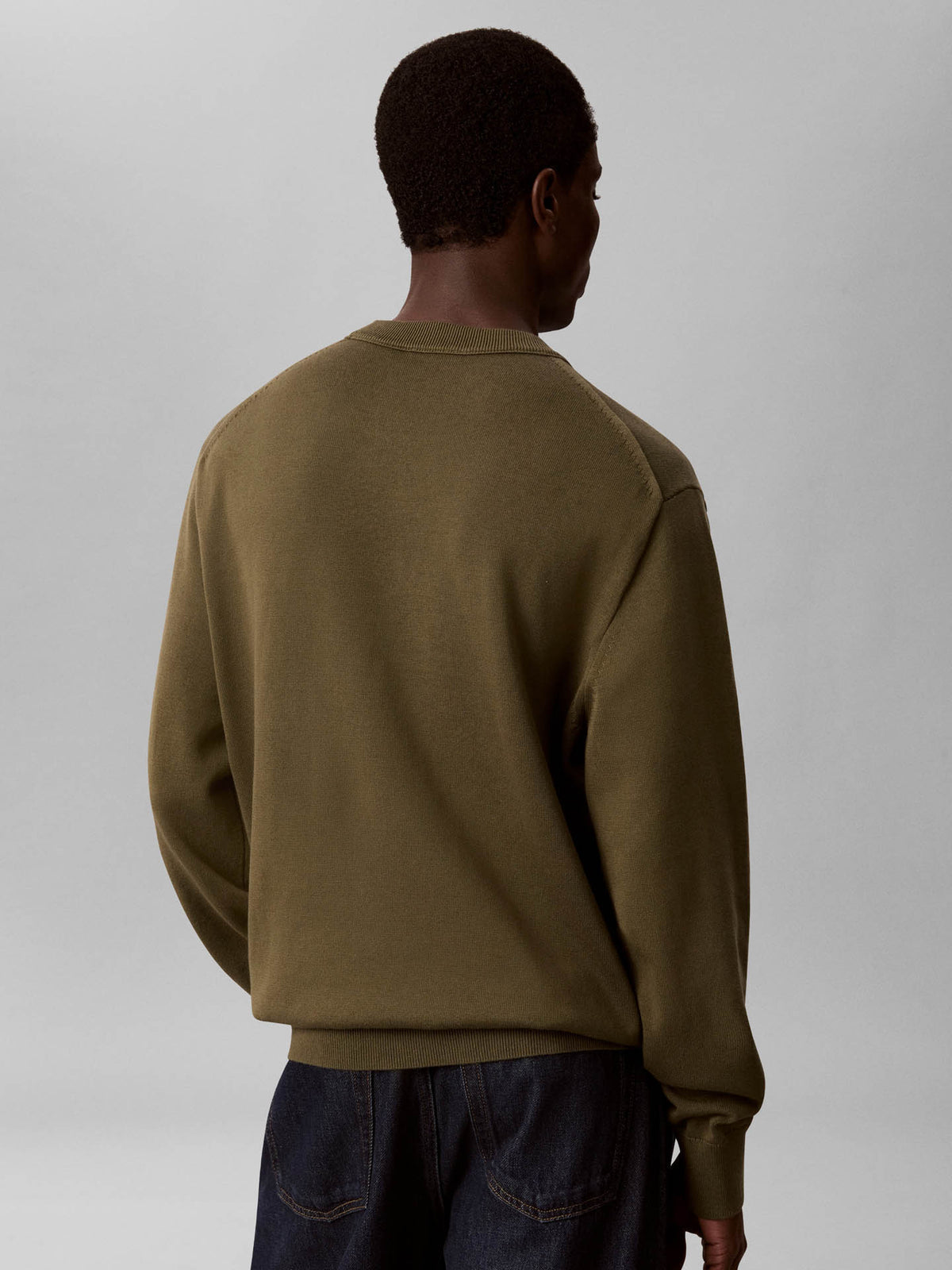 CALVIN KLEIN Maglioncino Girocollo In Cotone Liscio Logo Piccolo Verde Oliva
