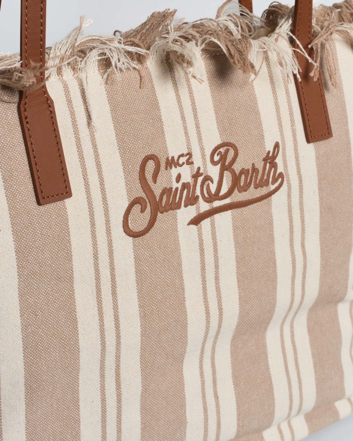 Saint Barth SAINT BARTH Borsa City Medium in canvas a righe Beige/Bianche con chiusura a zip e frange - foto 2 - Tommase
