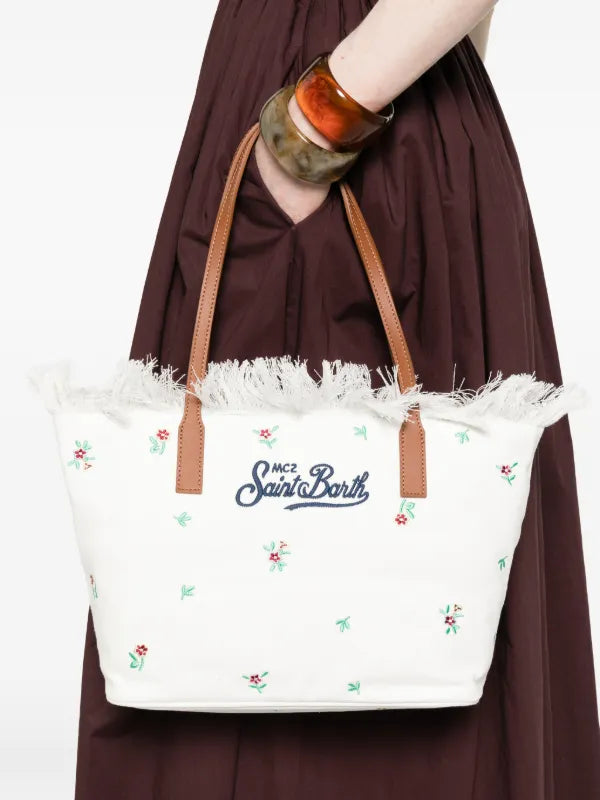 Saint Barth SAINT BARTH Borsa City Medium In Cotone Bianca Con Ricamo a Fiori - foto 2 - Tommaseo Clothing