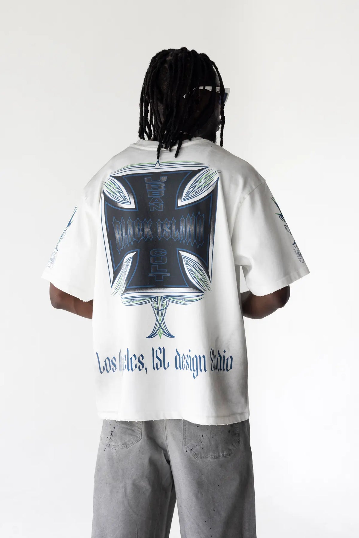 BLACK ISLAND T-Shirt In Cotone Stampa Croce Fronte e Retro Bianco Stone Wash