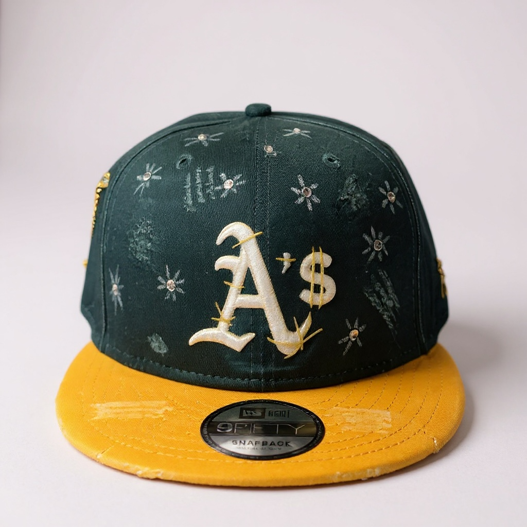 NEW ERA CUSTOM “Oakland A's” Con Dettagli Croci Oro e Swarovski Verde/Giallo