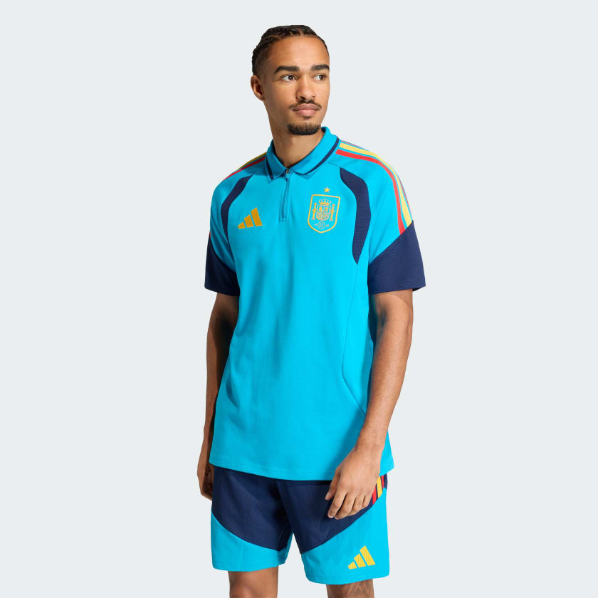 ADIDAS Completino Polo e Pantaloncino Spagna Azzurro Mezza Zip Strisce Gialle/Rosse