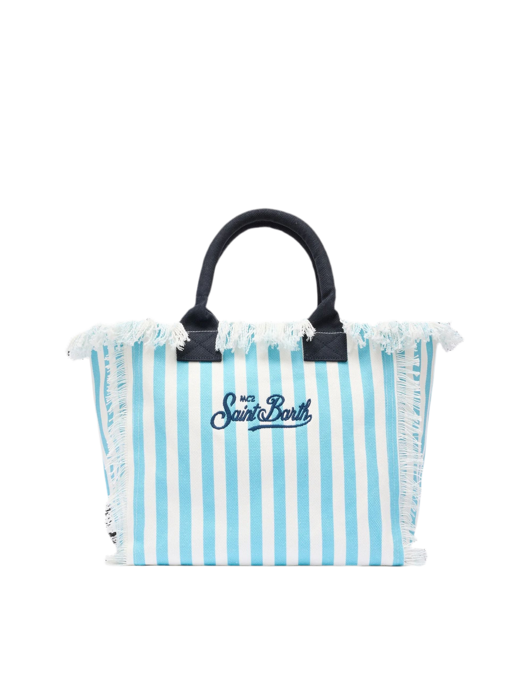 SAINT BARTH Borsa a Spalla Vanity Beach Stripes In Canvas Azzurra