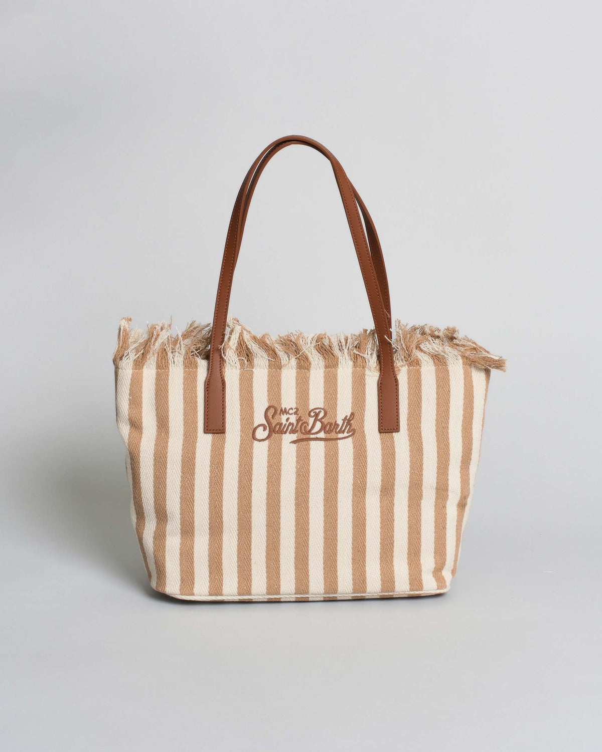 Saint Barth SAINT BARTH Borsa City Medium in canvas a righe nocciola con chiusura a zip e frange - Borsa - Tommaseo Clot