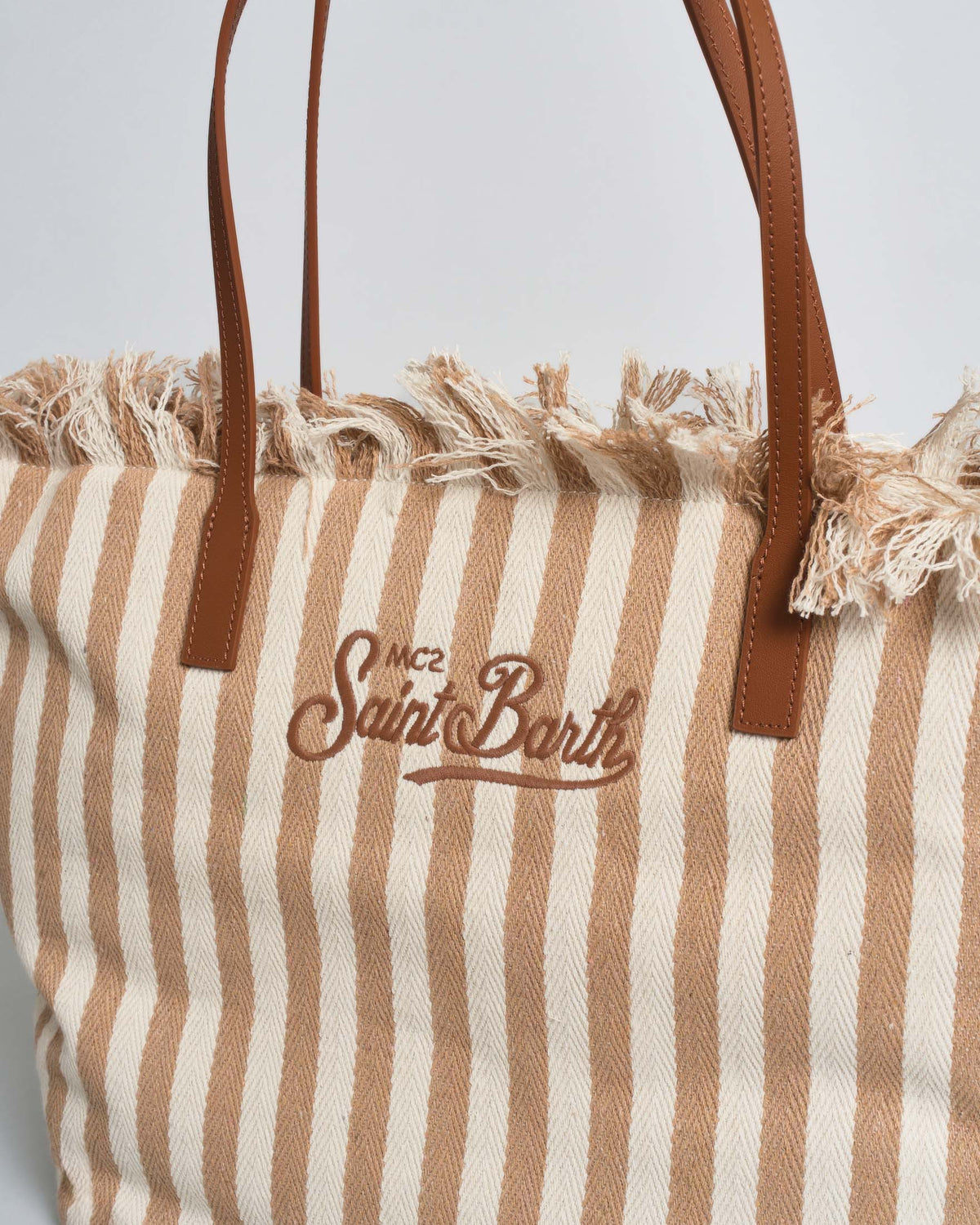 Saint Barth SAINT BARTH Borsa City Regular in canvas a righe nocciola con chiusura a zip e frange - foto 2 - Tommaseo Cl