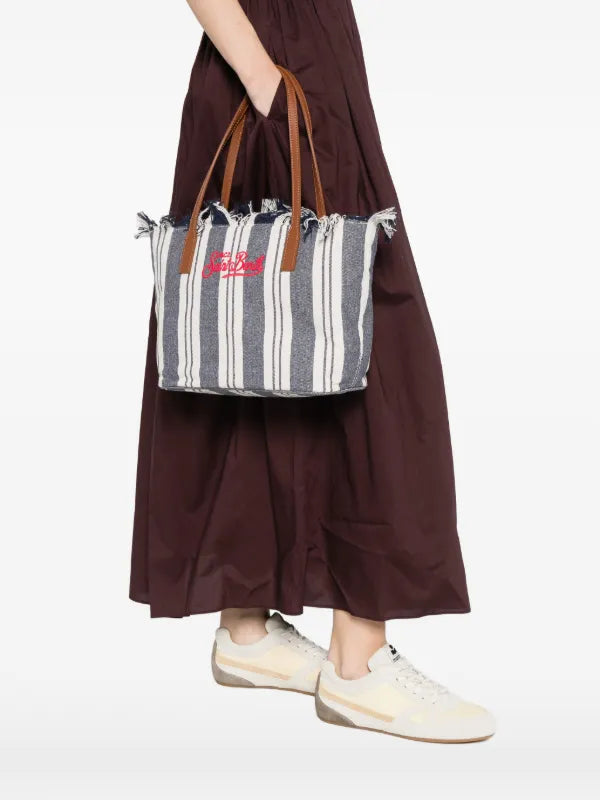 Saint Barth Saint Barth Borsa Donna City Bag Mid A Righe Con Frange Blu/bianca Logo Ricamato Fucsia - foto 2 - Tommaseo