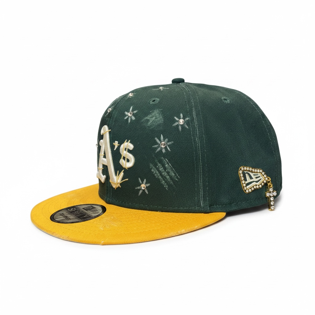 NEW ERA CUSTOM “Oakland A's” Con Dettagli Croci Oro e Swarovski Verde/Giallo