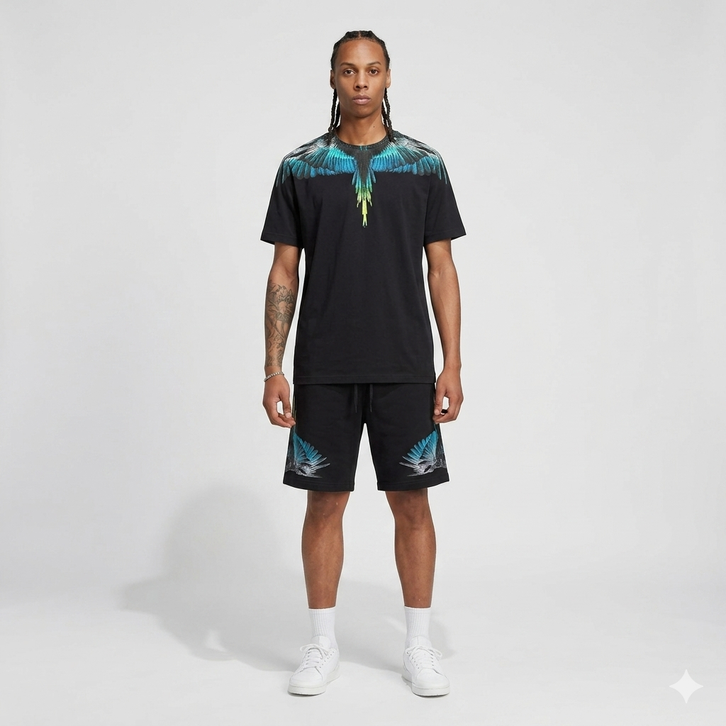 County of milan COUNTY OF MILAN Completino Marcelo Burlon T-Shirt e Pantaloncino Nero Ali Verdi/Gialle/Blu - COMPLETINO