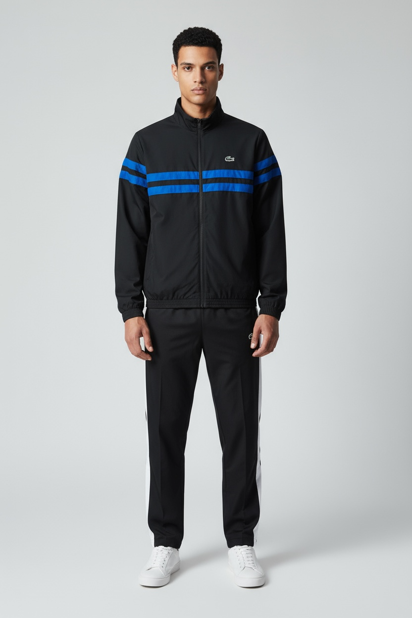 Lacoste LACOSTE Tuta Leggera In Microfibra Con Bande Centrali e Logo Fluo Sul Retro Nero/Blu - Tuta completa - Tommaseo