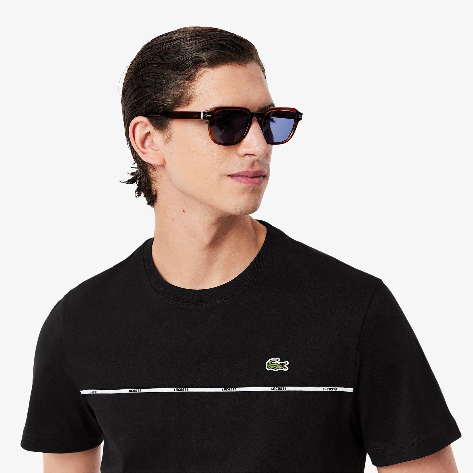 LACOSTE T-Shirt con Bordo Lacoste in Cotone Nera
