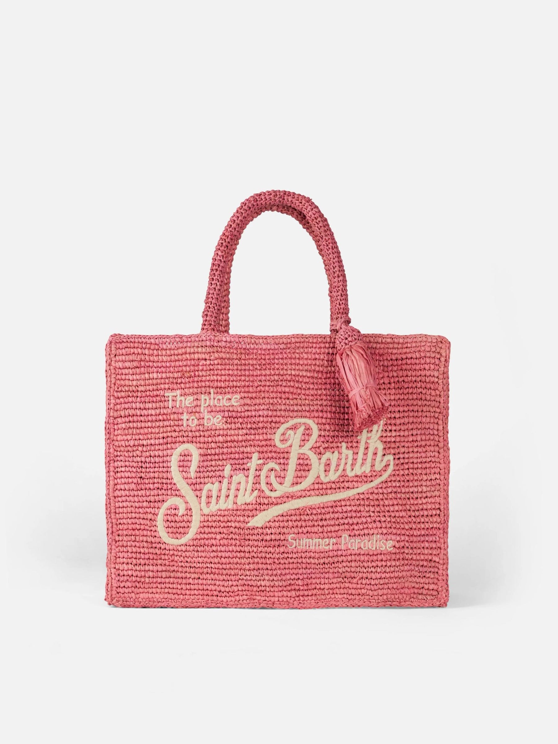 SAINT BARTH Borsa a Mano Colette Raffia In Rafia Con Ricami Rosa