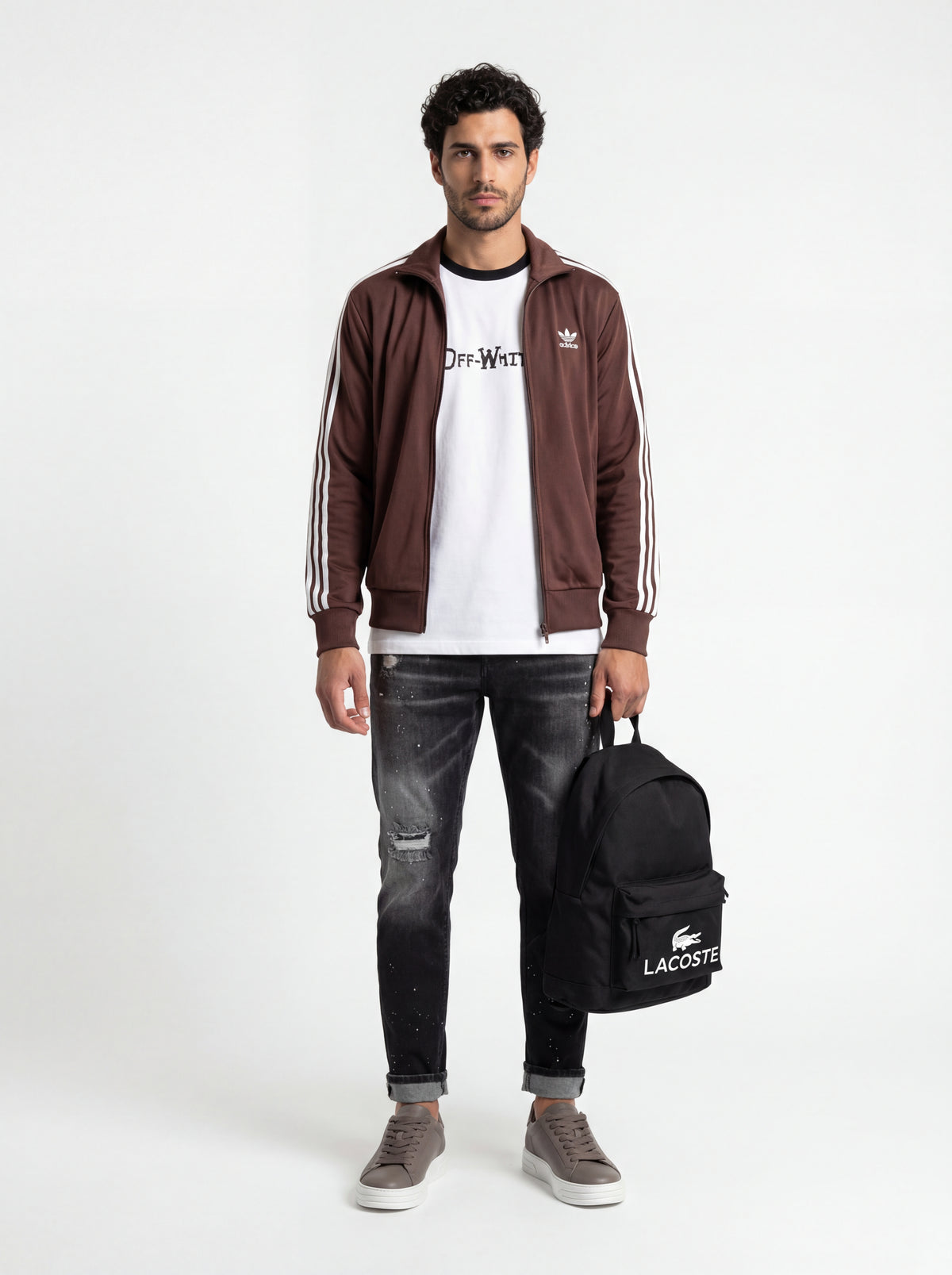 Brian Mills Sneakers in + Off-White T shirt + Soldier Jeans NEW + Adidas ORIGINALS Acetata + Lacoste Zaino in - 05