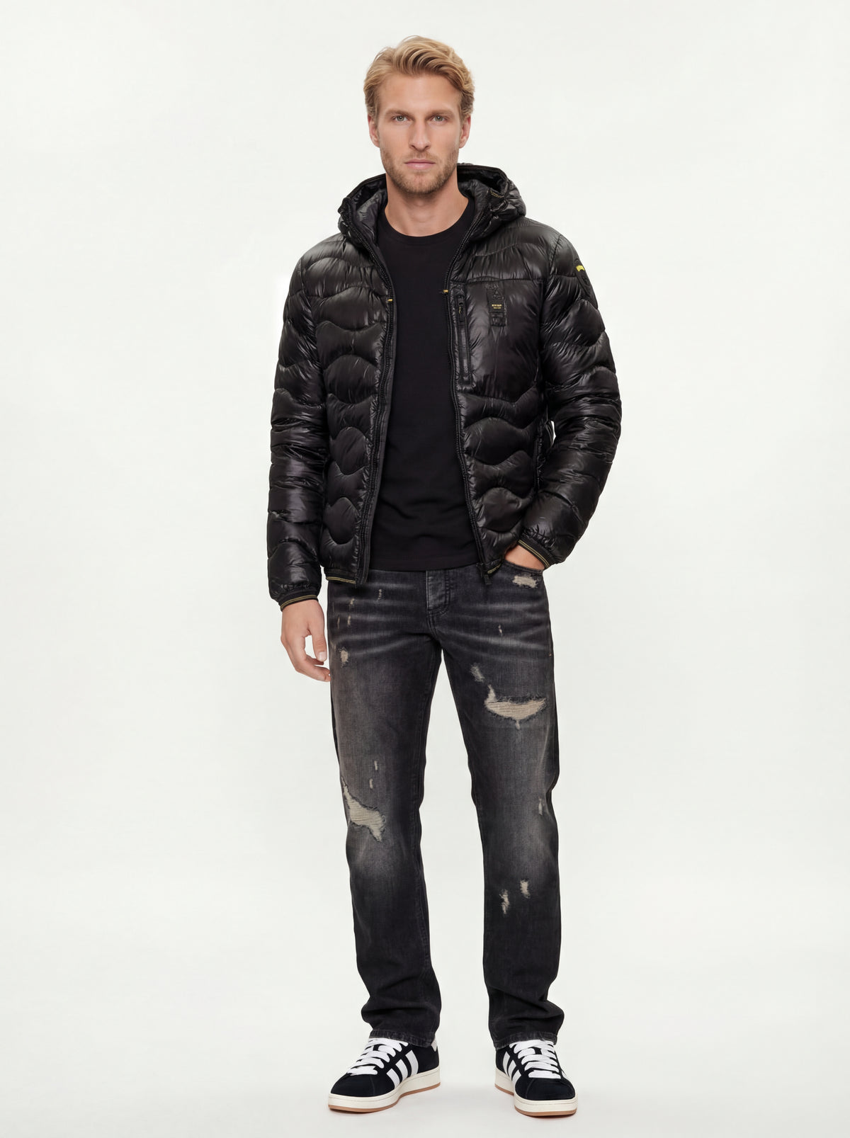 Adidas Campus Scarpa + Lacoste T Shirt + Soldier Jeans Baggy + Blauer Giubbotto Uomo - 01