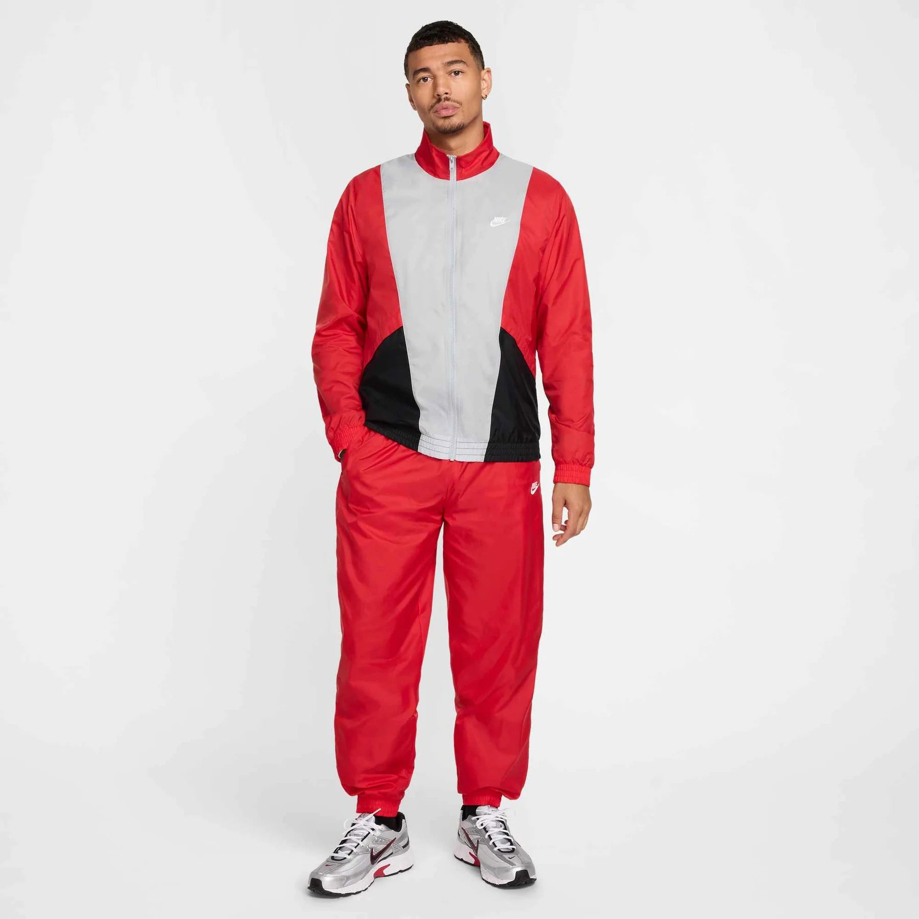 NIKE Tuta Leggera In Microfibra Con Zip e Cappuccio Grigia/Rossa
