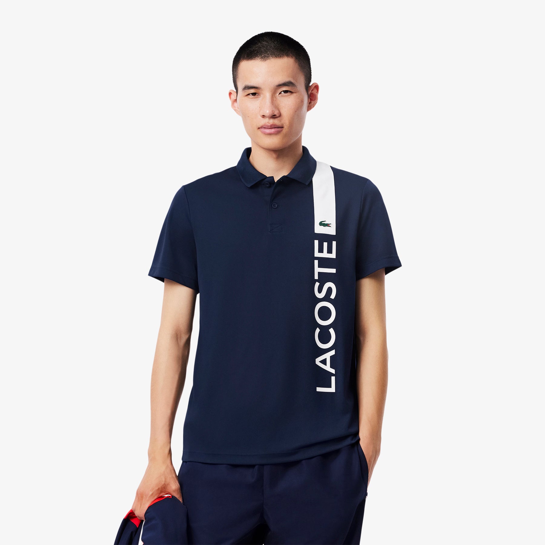 LACOSTE Polo con Banda Verticale in Tessuto Tecnico Blu\Bianco