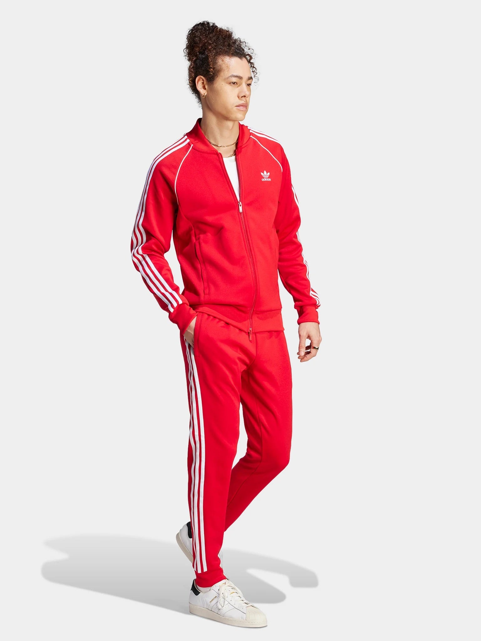 ADIDAS Tuta Leggera Acetata Con Zip Senza Cappuccio Con Strisce Laterali Rossa/Bianca