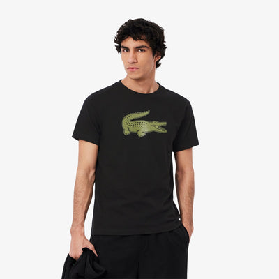 LACOSTE T-Shirt con Maxi Logo Centrale in Cotone Nero\Verde Cachi
