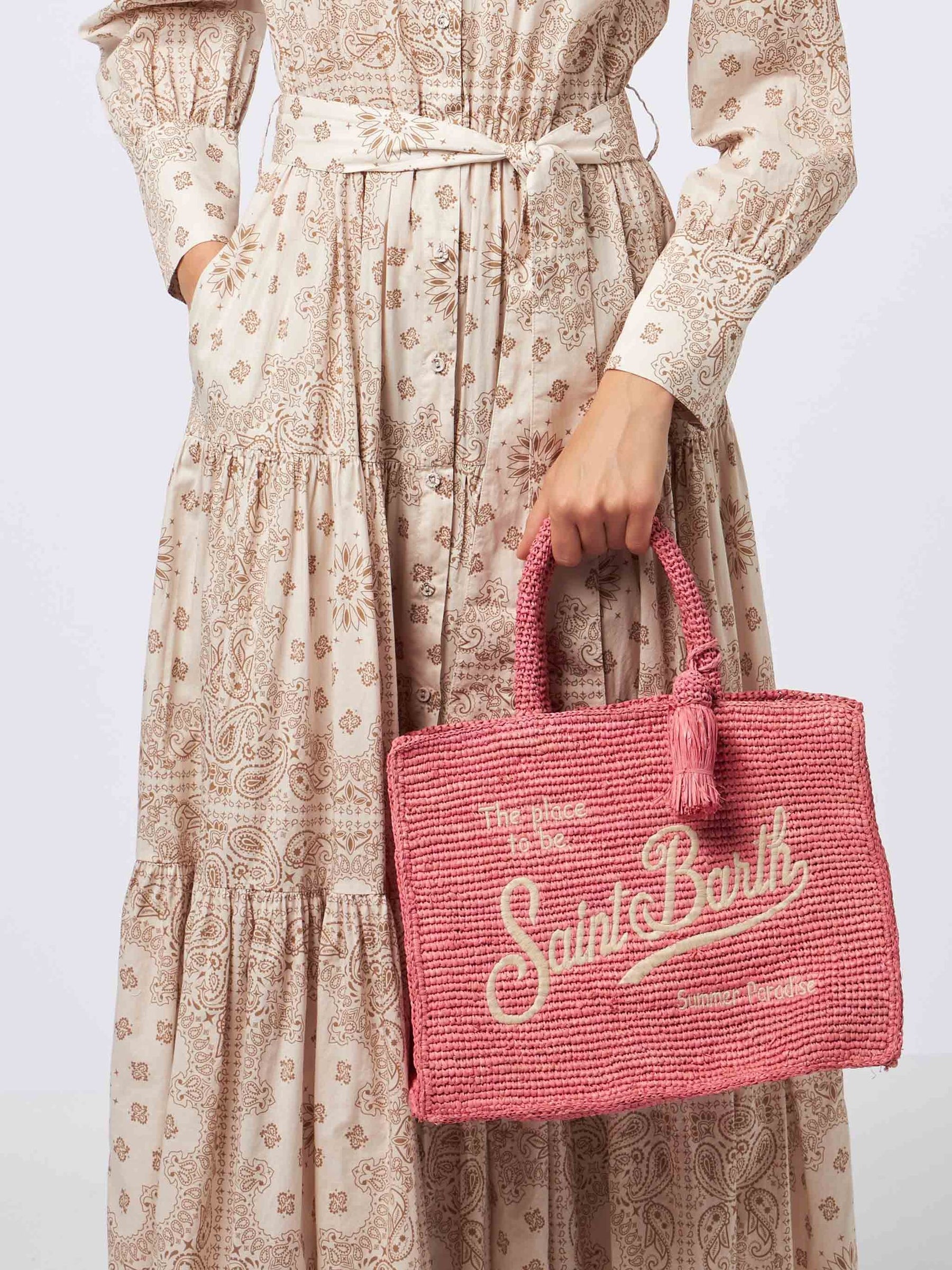 SAINT BARTH Borsa a Mano Colette Raffia In Rafia Con Ricami Rosa