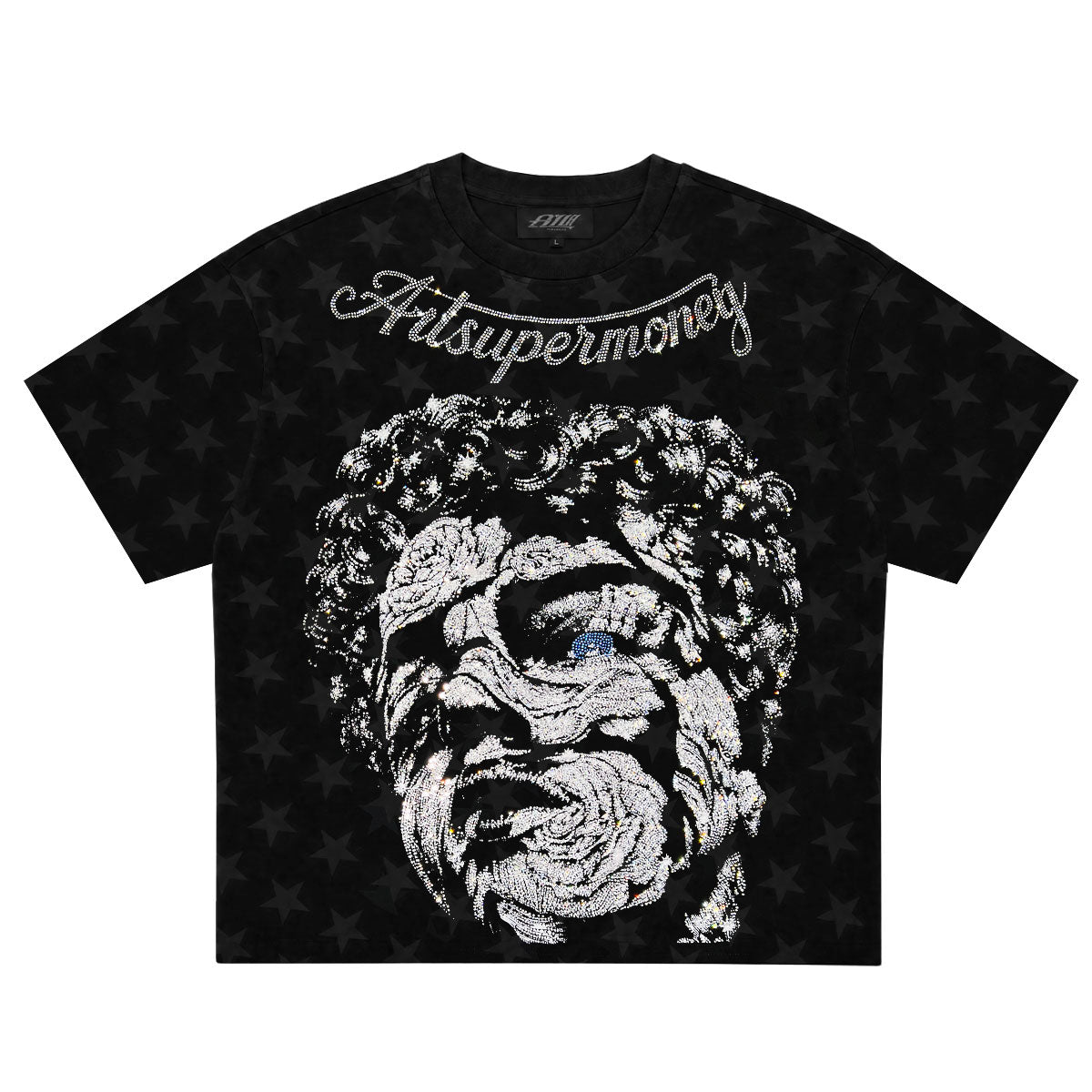 ART SUPER MONEY T-Shirt Holy Rose Con Stampa e Strass Fronte Retro Con Stampa Star Nera