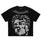 ART SUPER MONEY T-Shirt Holy Rose Con Stampa e Strass Fronte Retro Con Stampa Star Nera