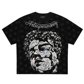 ART SUPER MONEY T-Shirt Holy Rose Con Stampa e Strass Fronte Retro Con Stampa Star Nera