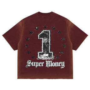 ART SUPER MONEY T-Shirt GRILLZ Con Stampa e Strass Fronte Retro Bordeaux