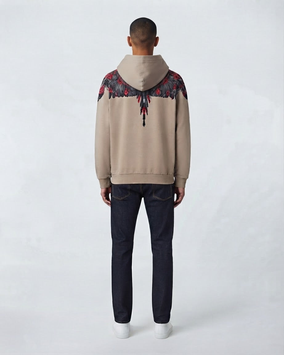 COUNTY OF MILAN Felpa Con Cappuccio Marcelo Burlon Beige Con Ali Grigio/Rosso