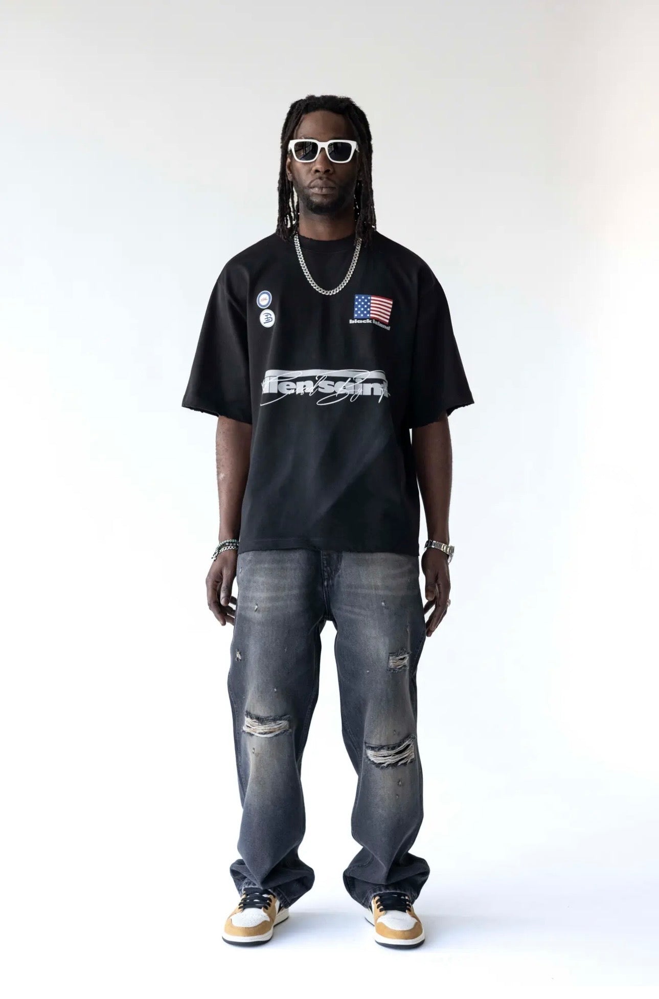 BLACK ISLAND T-Shirt In Cotone Sfumata Cropped Con Stampa America Nero