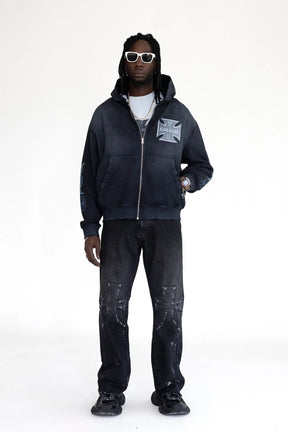 BLACK ISLAND Felpa Con Zip e Cappuccio Con Stampa Croce Fronte e Retro Stone Wash Nera
