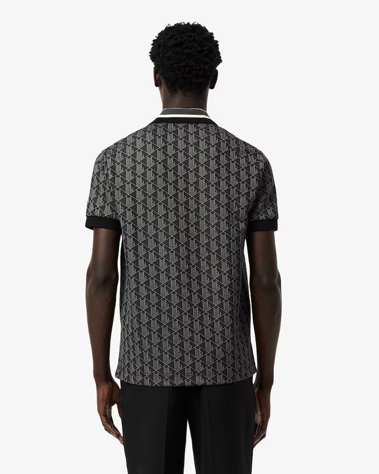 LACOSTE Polo Linea Monogram in Tessuto Jacquard Nera